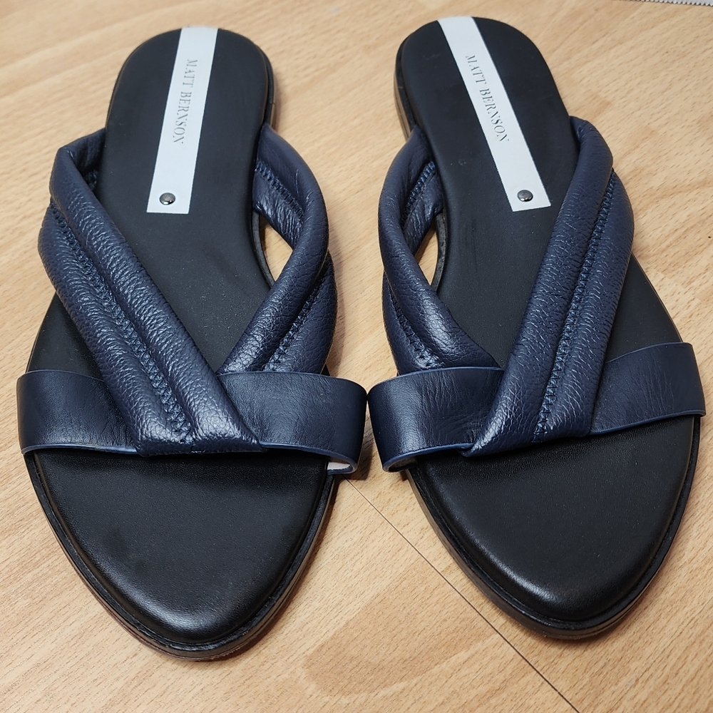 Matt Bernson Leather Raven‎ Flat Slide Sandals Navy Blue Size 9
